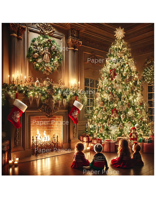 Children Looking at Christmas Tree Sitting Around Fireplace
