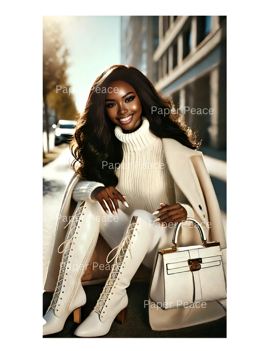 Cute African American Young Lady in Beautiful Winter White Boot Outfit