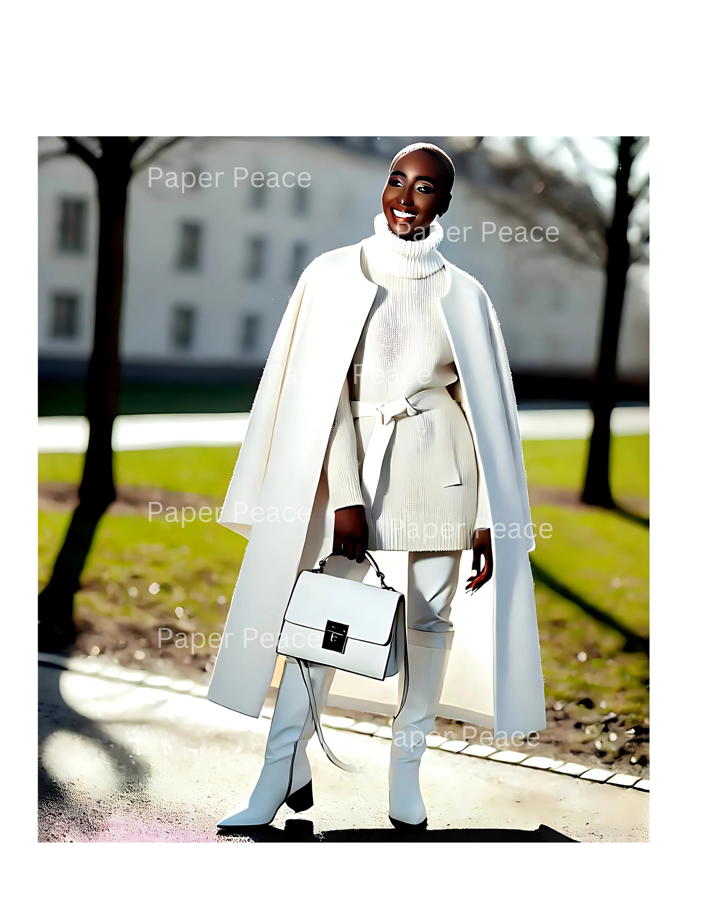 Gorgeous & Happy African American Woman in Beautiful Winter White Outfit