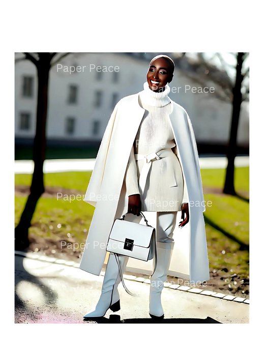 Gorgeous & Happy African American Woman in Beautiful Winter White Outfit