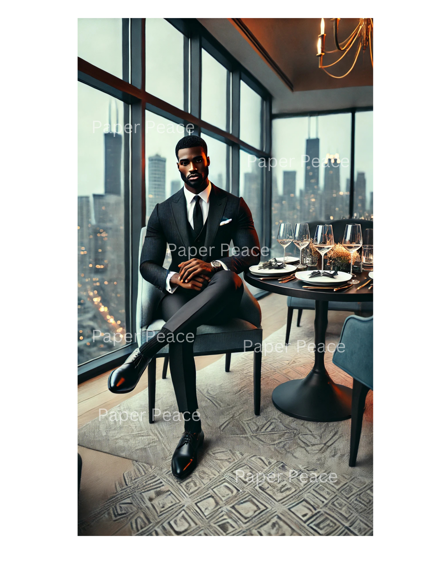 Handsome African American Gentleman w/Beard Having Dinner Overlooking Chicago Skyline