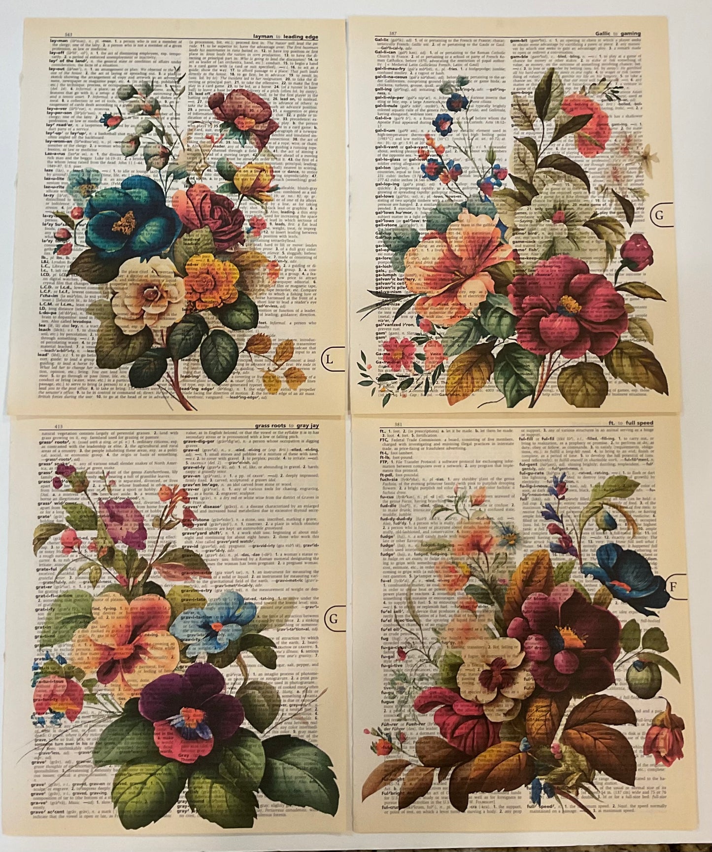 Floral Vintage Dictionary Pages – Hand-Printed on Authentic Paper (Set of 8)