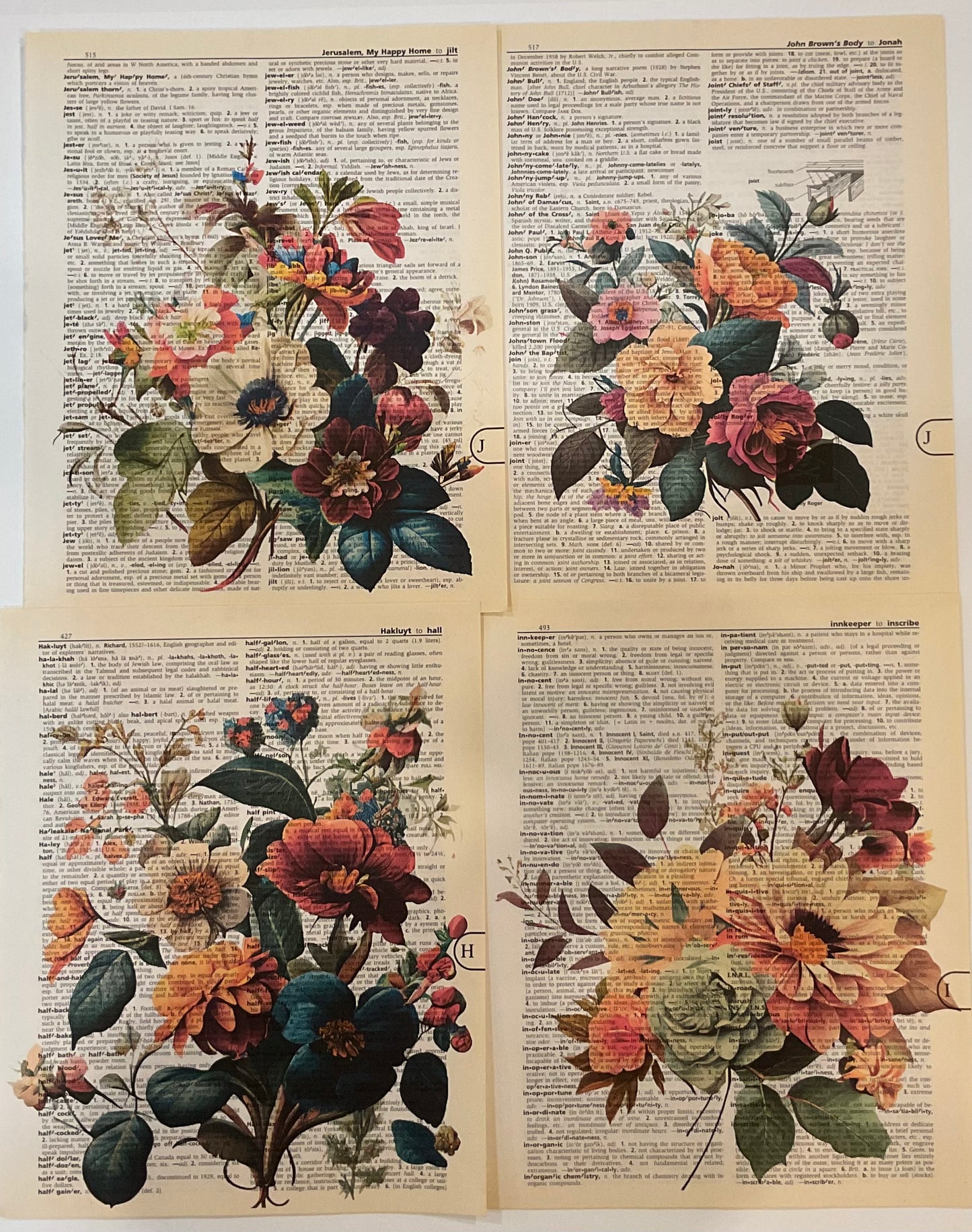 Floral Vintage Dictionary Pages – Hand-Printed on Authentic Paper (Set of 8)