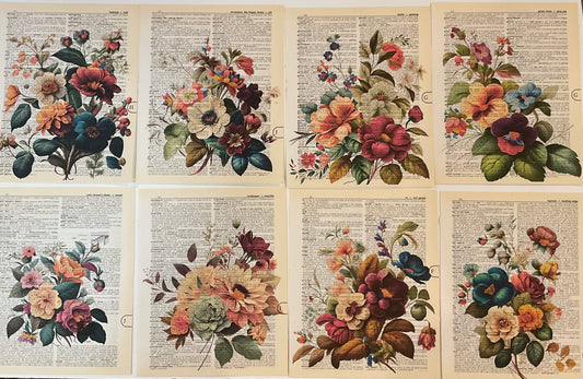 Floral Vintage Dictionary Pages – Hand-Printed on Authentic Paper (Set of 8)