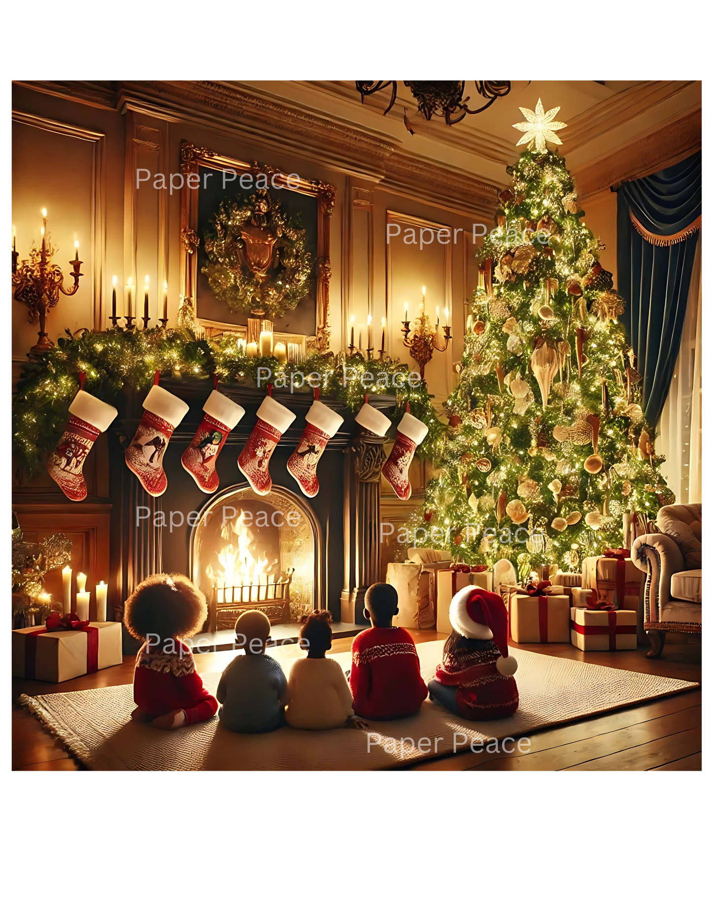African American Children Looking at Christmas Tree Sitting Around Fireplace