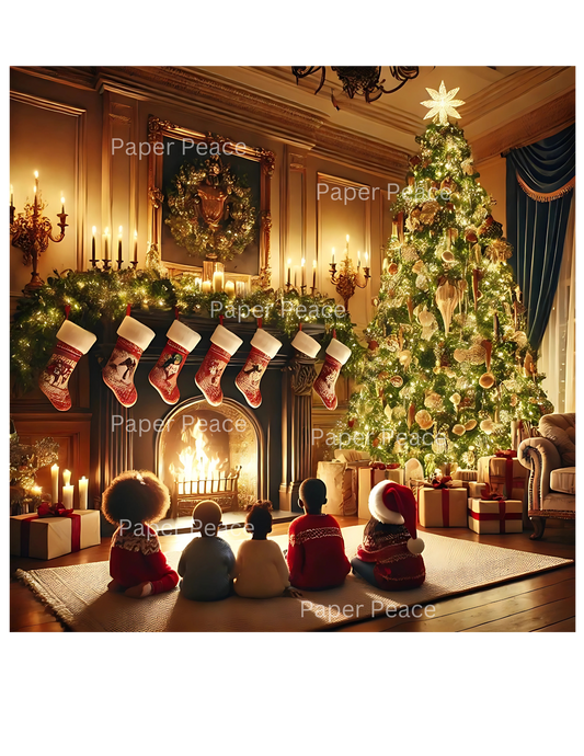 African American Children Looking at Christmas Tree Sitting Around Fireplace