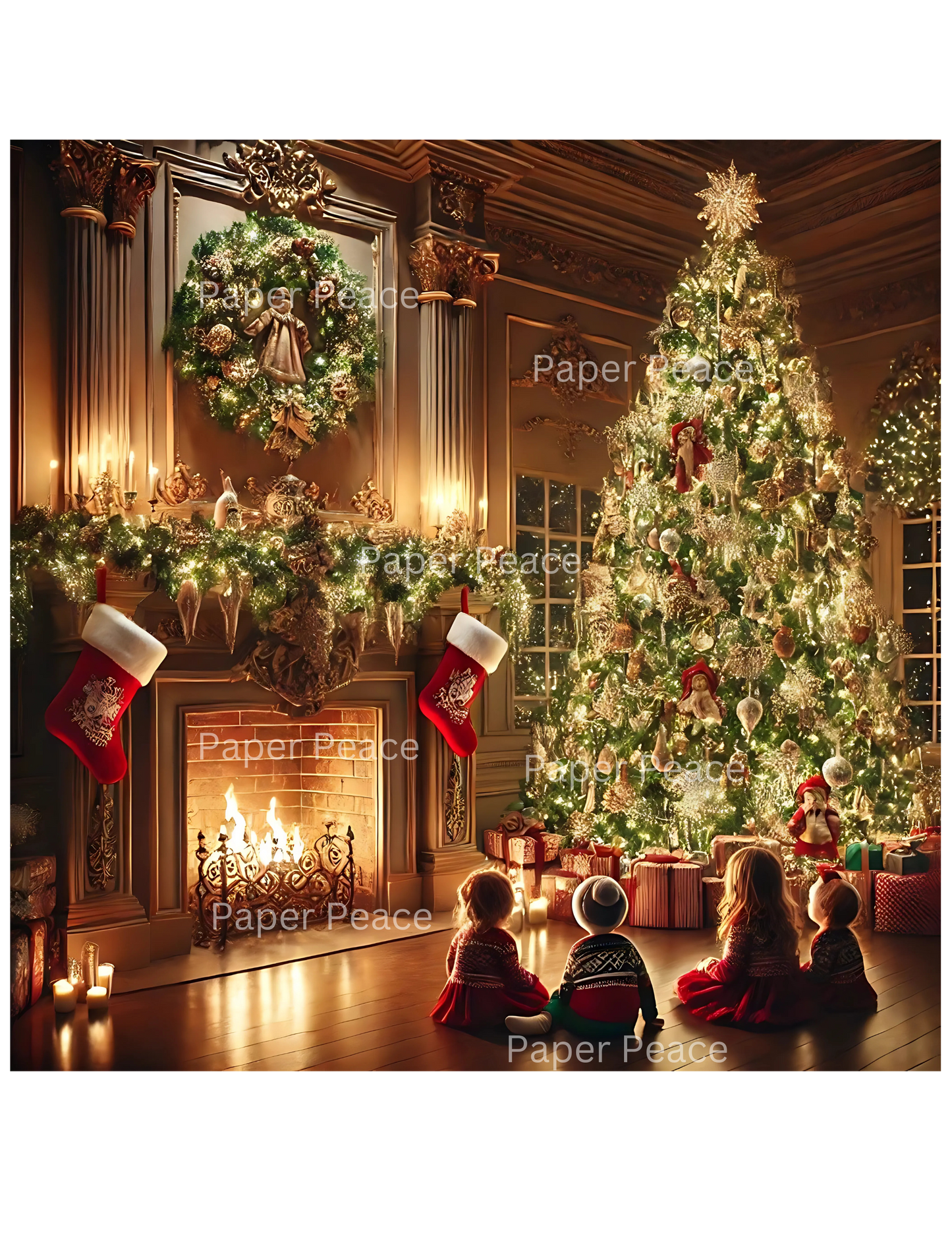 Children Looking at Christmas Tree Sitting Around Fireplace
