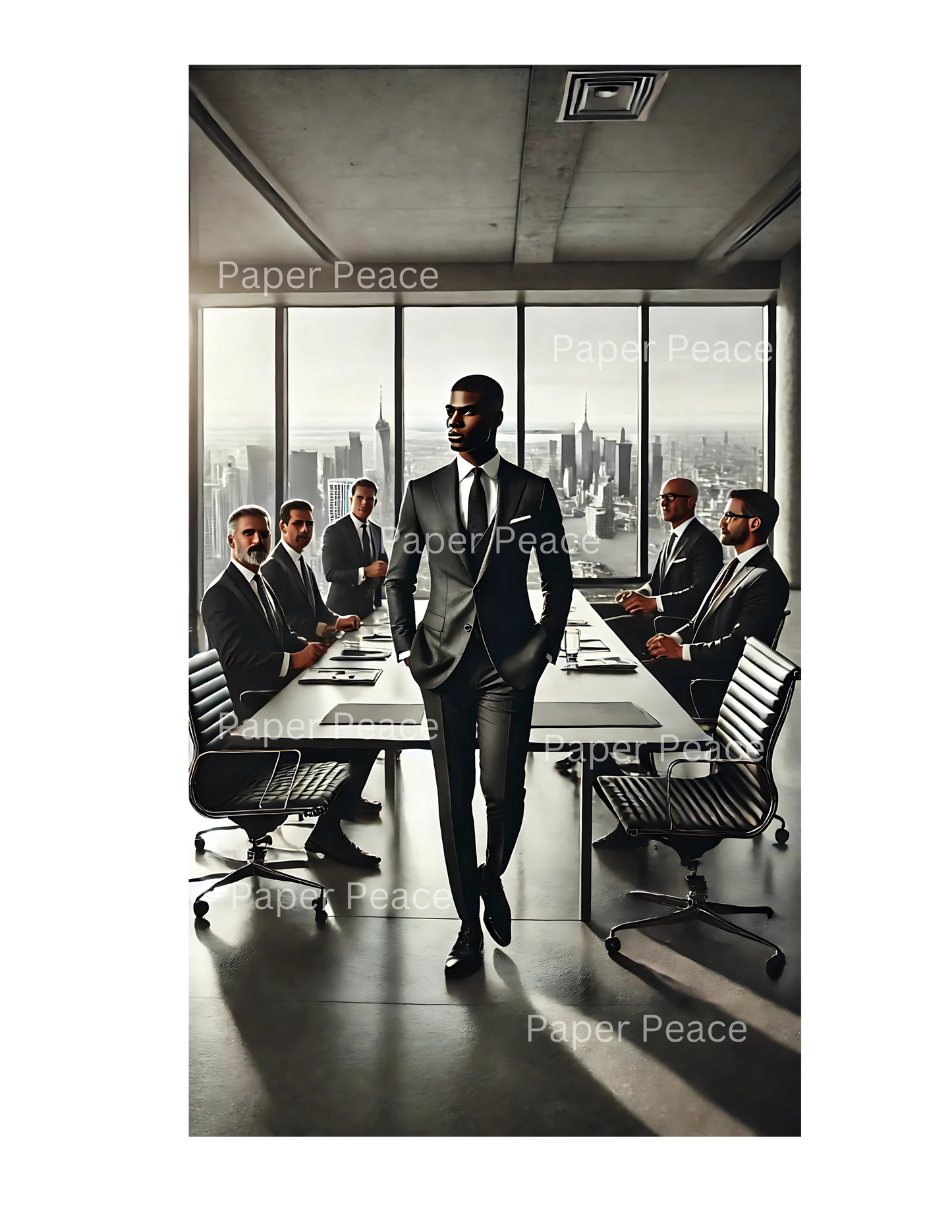 Corporate African American Gentleman in Executive Meeting Overlooking City Skyline