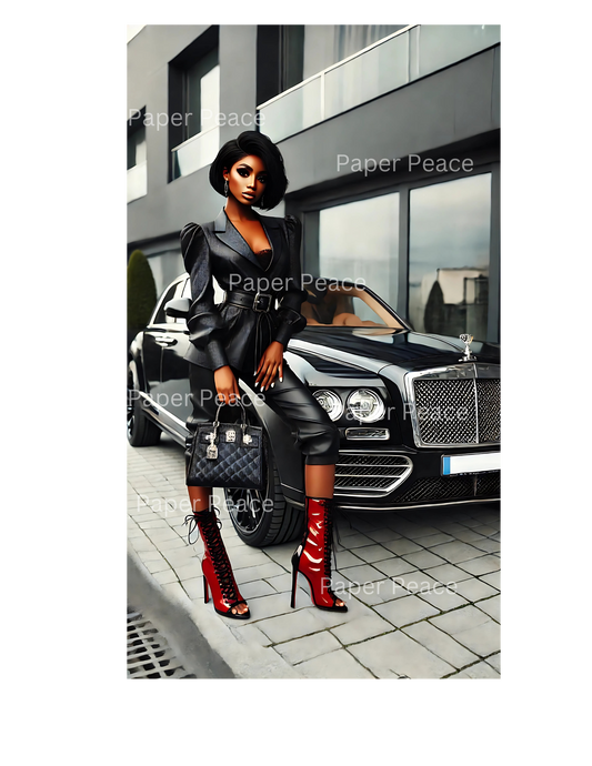 Fashionable African American Diva in Stunning Red Boots & Luxury Car