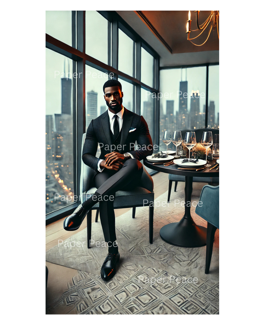 Handsome African American Gentleman w/Beard Having Dinner Overlooking Chicago Skyline