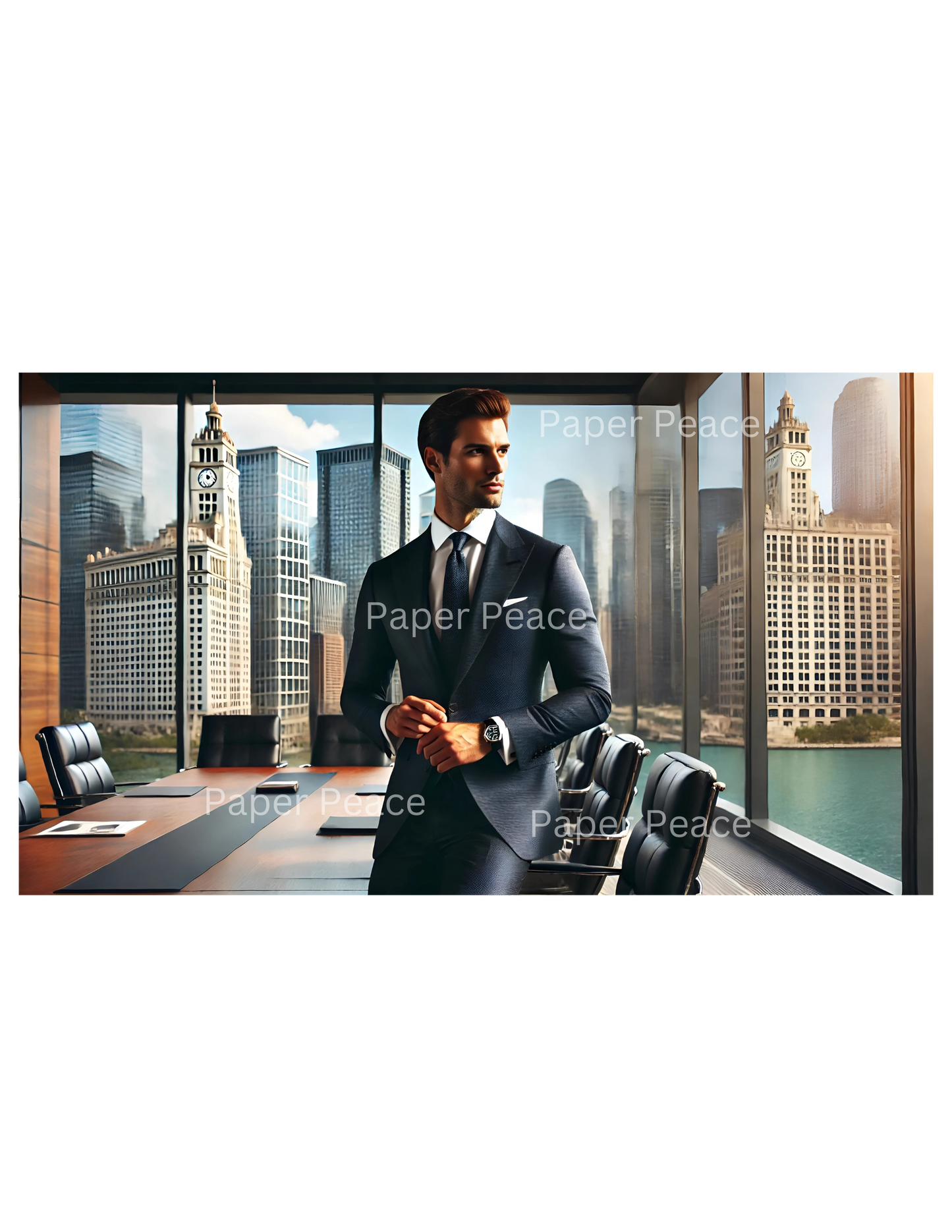 Handsome Caucasian Gentleman in Executive Board Room Overlooking Chicago Skyline
