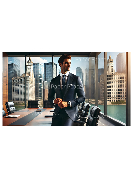 Handsome Caucasian Gentleman in Executive Board Room Overlooking Chicago Skyline