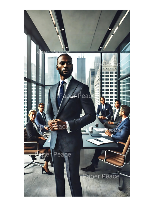 Handsome African American Gentleman in Executive Board Room Overlooking New York Skyline