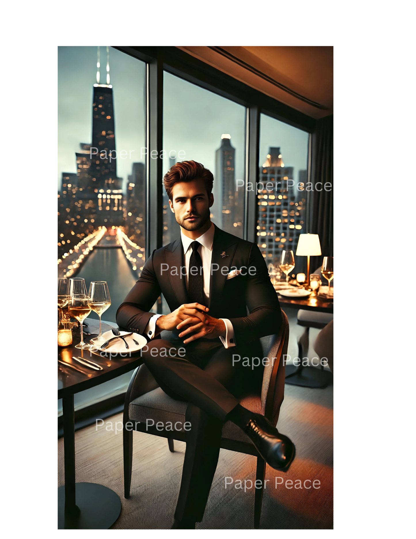 Handsome Caucasian Gentleman w/Beard Having Dinner Overlooking Chicago Skyline