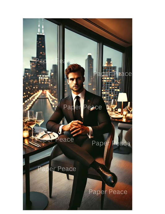Handsome Caucasian Gentleman w/Beard Having Dinner Overlooking Chicago Skyline