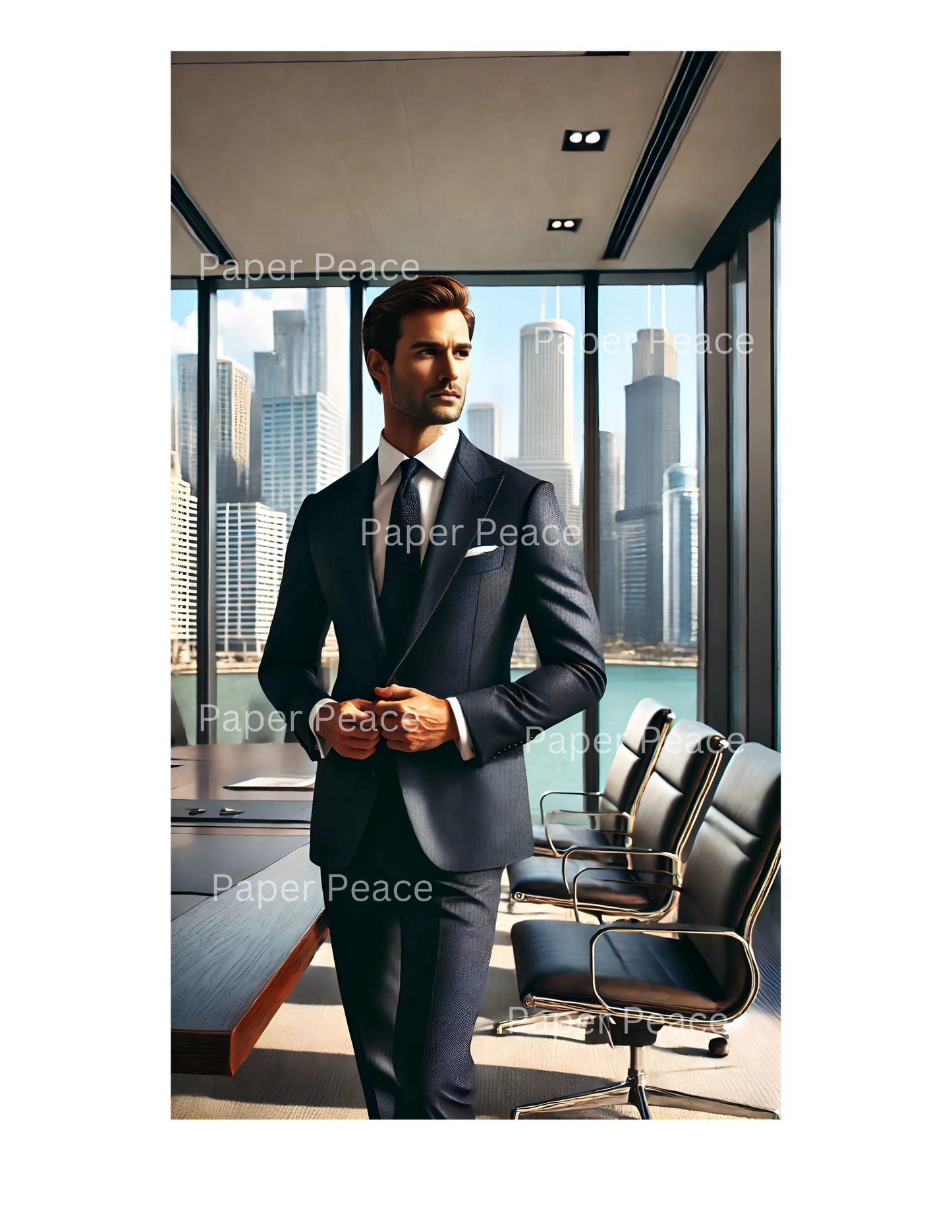 Handsome Caucasian Gentleman w/Beard in Executive Board Room Overlooking Chicago Skyline