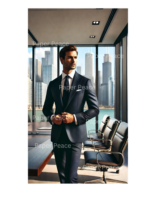 Handsome Caucasian Gentleman w/Beard in Executive Board Room Overlooking Chicago Skyline