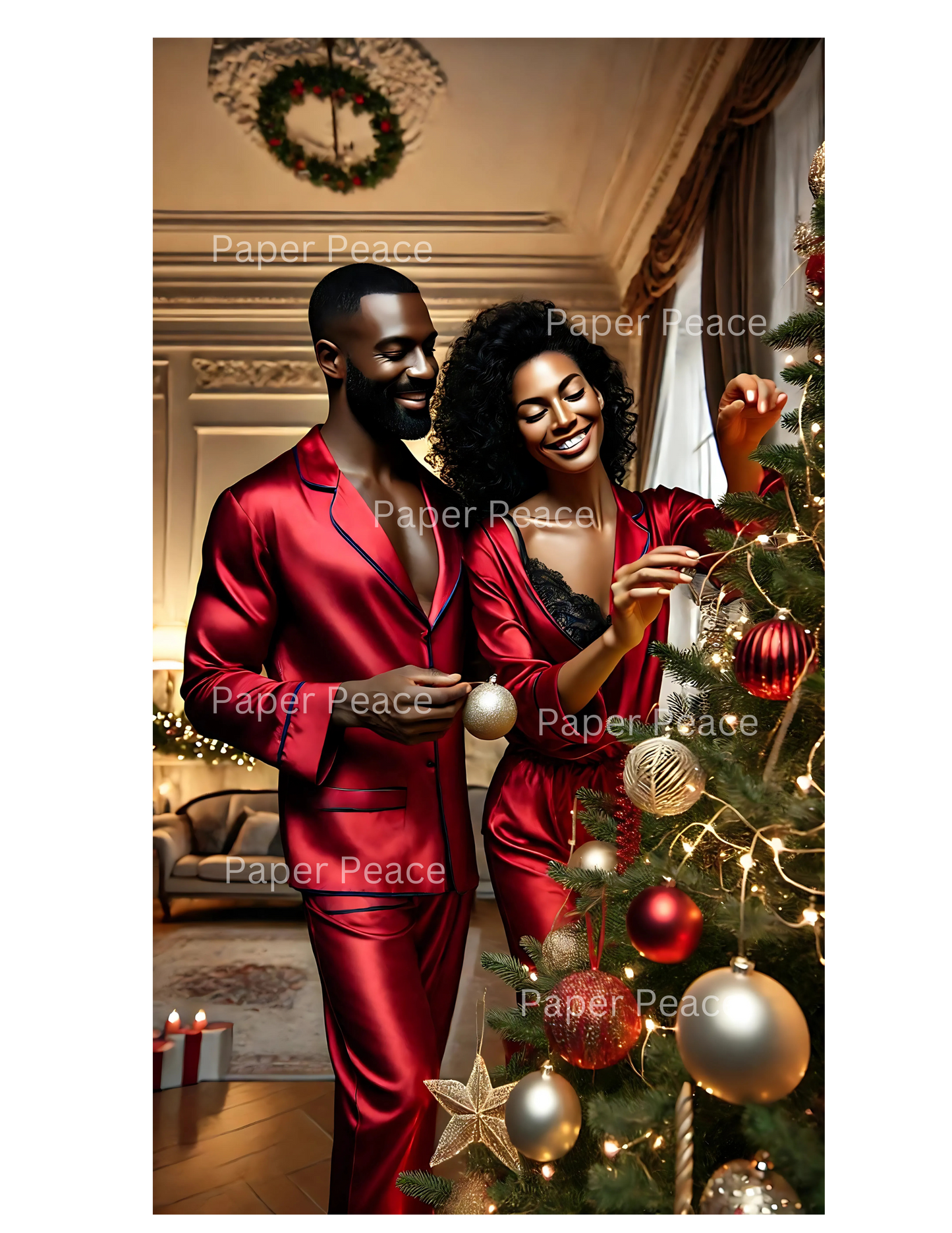 Happy Black Couple Decorating Christmas Tree in Red Satin Pajamas