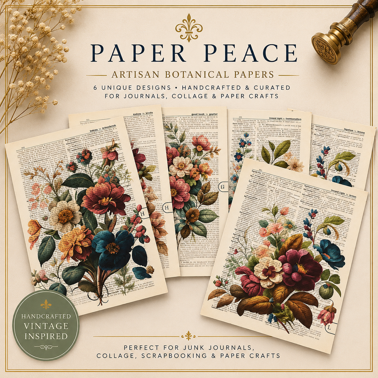 Floral Vintage Dictionary Pages – Hand-Printed on Authentic Paper (Set of 8)